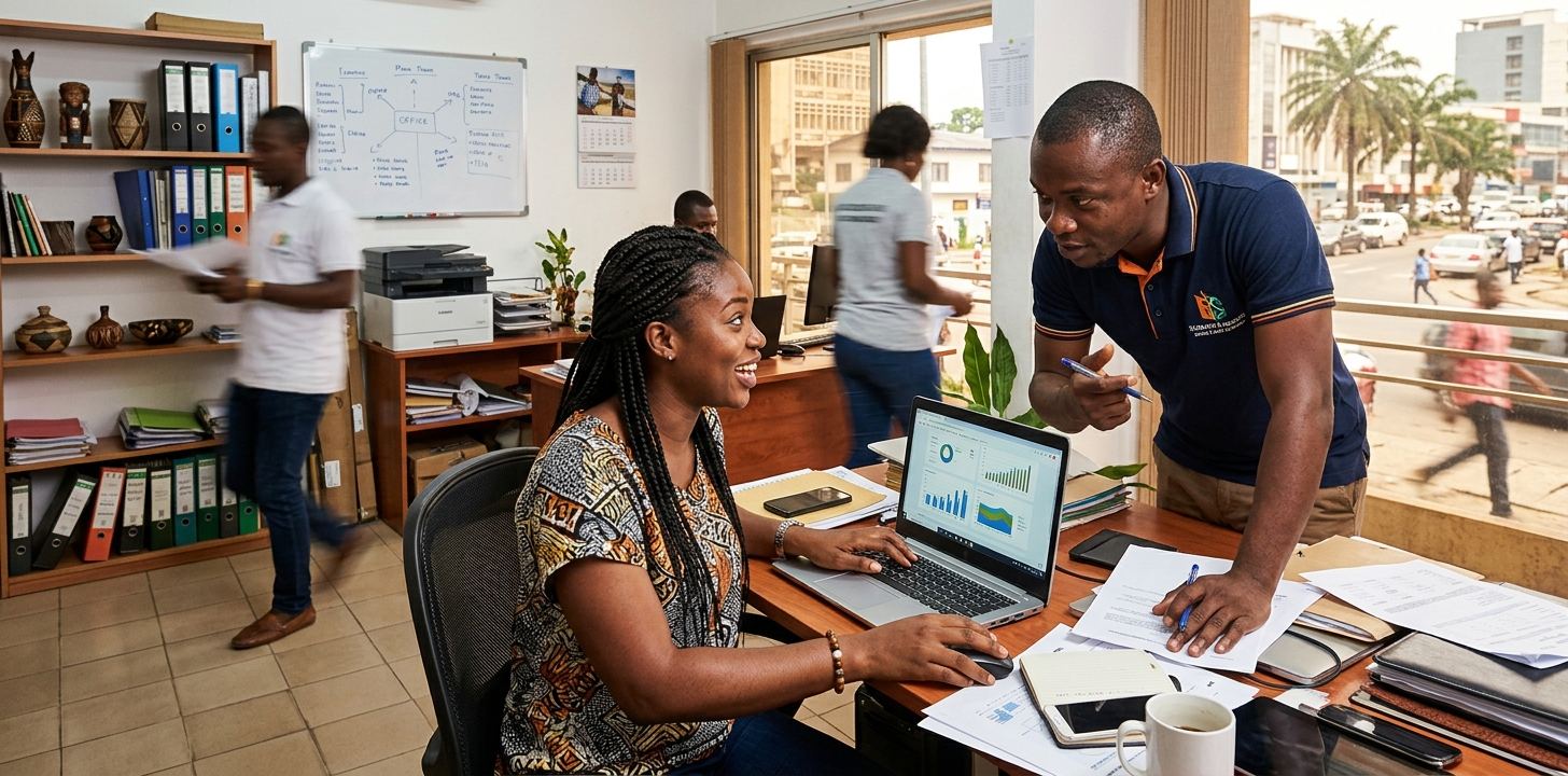 Deux collaborateurs devant un tableau de bord, dans un bureau d'Abidjan